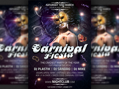 Carnival Fiesta Party Flyer Template brazil carnival flyer club colourful dance design dj event girl glamour glow mask masque masquerade modern nightclub party party flyer sexy template venice