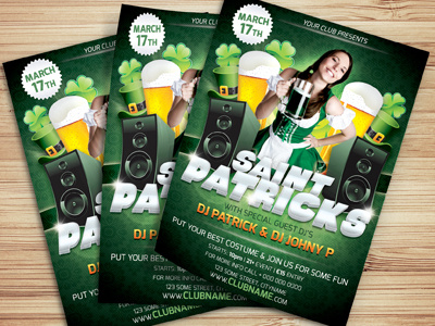 St.Patricks Party Flyer Template advertising bar beer celebration clover design girl glow green irish modern nightclub flyer orange party flyer template patrick promotion speakers st patricks day st patricks flyer template white