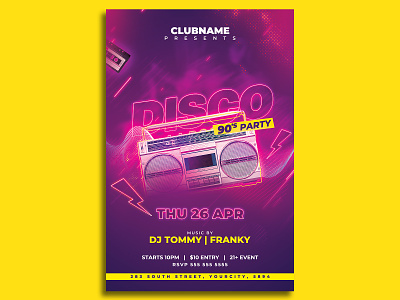 Disco 90s Party Flyer Template 90s flyer 90s party 90s party flyer club flyer disco disco flyer disco party event flyer template invitation party flyer poster print promotion psd template retro club retro event retro flyer