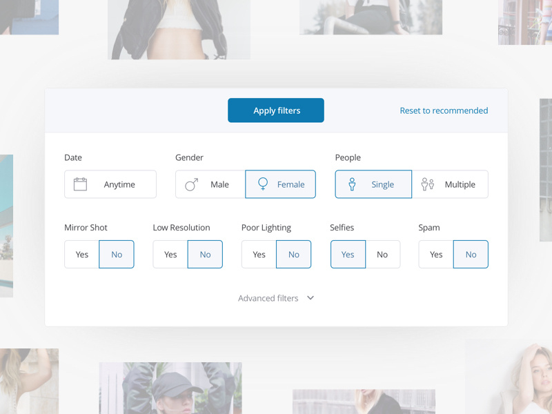Filtering photos photos web app website icon form search ai modal filter feels