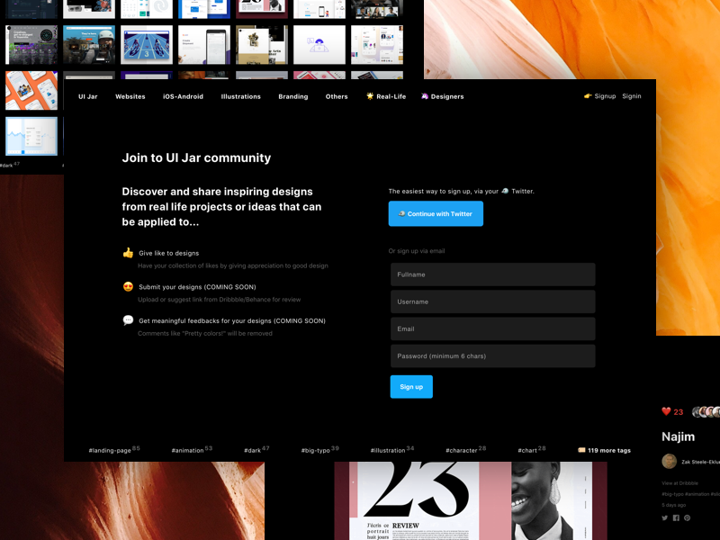 π Now you can sign up for UIJar.com like twitter form signup modal dark inspiration side project website responsive rubyonrails tachyons