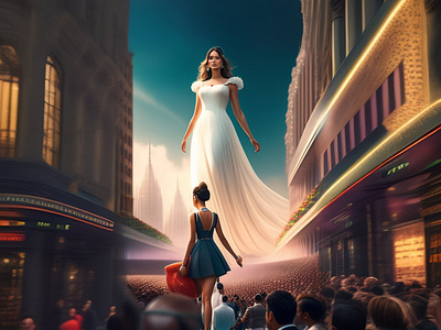 Giantess in white dress looking down to crowd