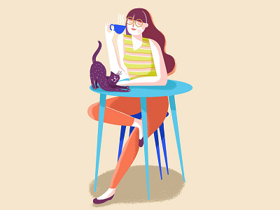Relax cat character design girl happy illustration morning coffe relax vector