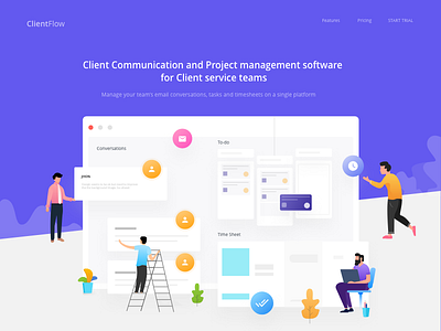 ClientFlow clientflow clients graphic design hero image illustrations landing pages mail project management shared inbox ui ux website