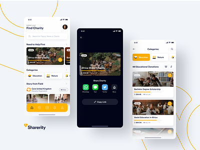 #Exploration | Sharerity - Home section app charity design exploration fundrising help illustration ios minimal people ui uiux webdesign yellow