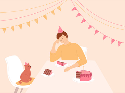 Birthday celebration alone with cat birthday party character illustration vector