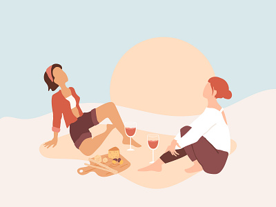 Girls on the beach with wine & cheese board character flat design friends illustration landscape people relax vacation vector