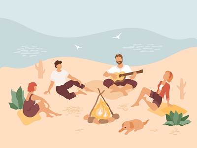 Friends relax on the beach. Summer illustration abstract camp character flat design illustration landscape people summer