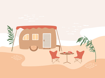 Summer trip, camper van on seaside camp flat illustration landscape relax retro summer tropical vacation