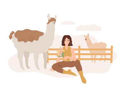 Alpacas farm. Beautiful farmer woman