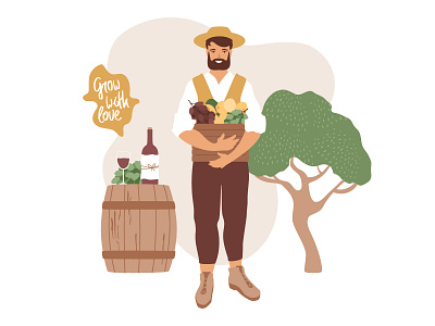 Wine maker, bearded farmer man in a hat agriculture business character farming flat design hobby people summer vacation wine winery