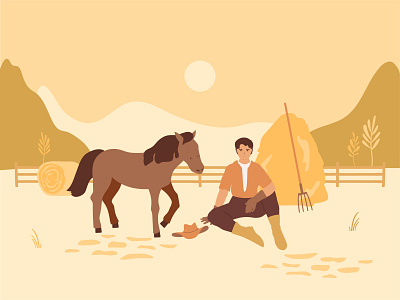 Man with horse on ranch character farmer illustration landscape people ranch summer
