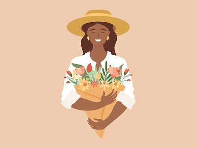 Happy woman with flowers african black character flowers gardener happy people woman