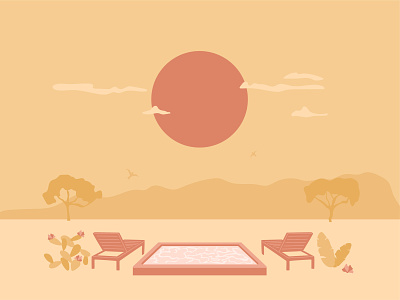 Desert landscape. Red sun. Swimming pool with lounge chair.