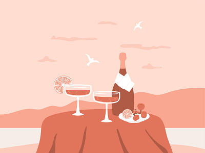 Romantic meal on the beach champagne cocktail dinner drink illustration landscape lounge meal pink rest romantic summer terra cotta vector