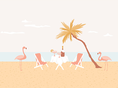 Honeymoon dinner on the beach champagne elegant exotic flamingo flat design honeymoon illustration landscape luxury meal modern paradise pastel pink romantic summer tropical vacation vector