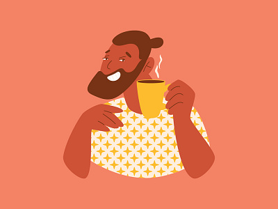 Pretty man with coffee mug in retro style 60s bearded character coffee cool creative funny groovy illustration man people creator poster pretty retro vector vintage