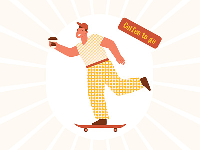 Coffee to go concept with happy man in retro style 60s 80s character coffee coffee to go funny groovy happy illustration man people retro skateboarding summer vector vintage