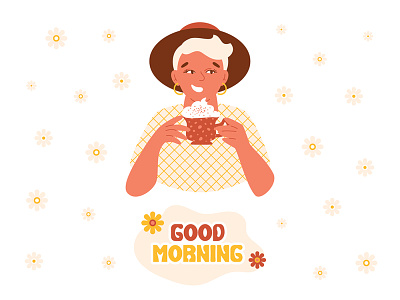 Good morning print with stylish female in retro style chamomile character cocoa coffee female flat design good morning groovy happy hot drink illustration people portrait relax retro summer take a break vector vintage woman