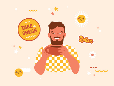 Stylish male character in retro style. Vintage stickers 60s 70s 80s bearded cafe chamomicle character coffee contemporary drink groovy illustration male man retro sticker stylish summer take a break vintage
