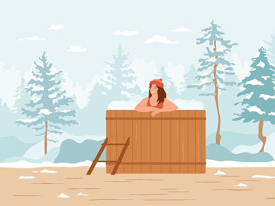 Woman in hot bath in winter forest barrel bath character female forest girl hot tub illustration jacuzzi landscape people relaxation sauna spa swimming vector weekend wellness winter wooden