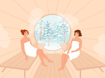 Females in barrel sauna with winter forest in window character hot illustration landscape people recreation relax resort sauna vector weekend wellness winter women