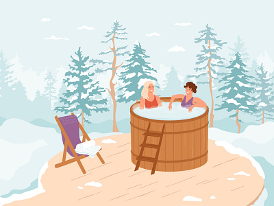 Women relax in wooden heated bath winter