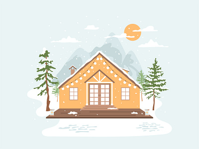 Winter cozy house in forest with mountains concept coniferous cozy flat design home house illustration landscape patio terrace vector winter