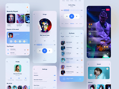 Music Player Mobile Application Design album app application artist artwork color cover design icons illustration minimalist mobile music player playlist products projection rainbow red singers