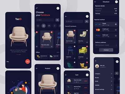 Furniture e-commerce Mobile Application design (Dark Version)