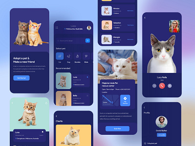 Pet Adoption Mobile Application Design (Dark Version) adoption animal app calling cat cats color concept cute cat dearch domestic family icons ios line material minimal pet side white