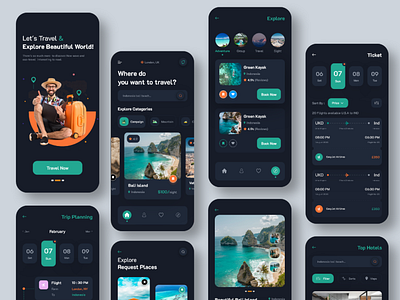 Flight Booking Mobile App (Dark Version) agency airport boarding pass booking design dotpixelagency flight booking hotel illustration minimal motel plane reservation resort schedule ticket tourism travel trip vacation