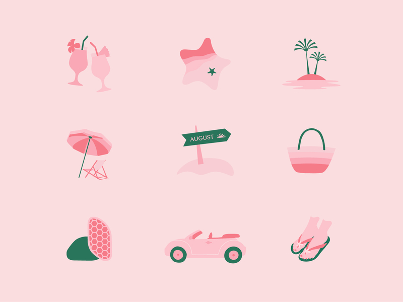 Summer Icon Set for Bare August beach convertible drinks feet flip flops foot care fun icon set icons logo pink and green pool skincare summer umbrella vacation water