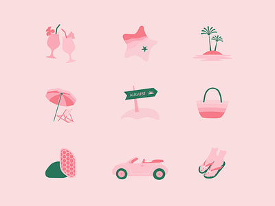 Summer Icon Set for Bare August beach convertible drinks feet flip flops foot care fun icon set icons logo pink and green pool skincare summer umbrella vacation water