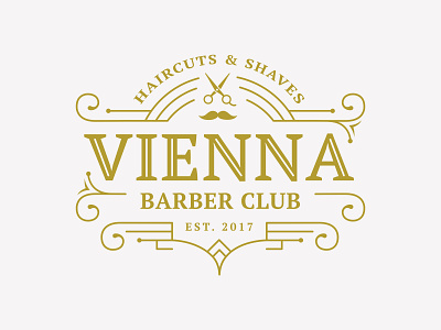 Vienna Barber club barber logo barbershop beard brand identity gold haircuts premium branding scissors shaves vienna vintage badge vintage logo