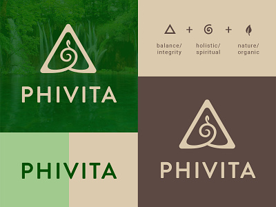 Phivita brand and identity holistic leaf logo icon symbol natural products organic spiral logo spirituality triangle