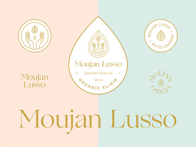 Moujan Lusso Skincare badge beauty body oil cosmetics design droplet emblem hands holistic label label packaging logotype luxury type natural organic organic logo skincare vegan