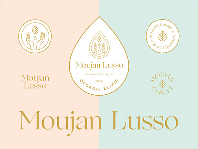Moujan Lusso Skincare badge beauty body oil cosmetics design droplet emblem hands holistic label label packaging logotype luxury type natural organic organic logo skincare vegan