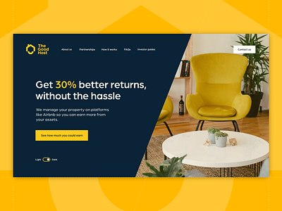 The Good Host Homepage airbnb dark theme header home homepage layout minimal rental the good host toggle ui user experience user interface ux web design website website design yellow