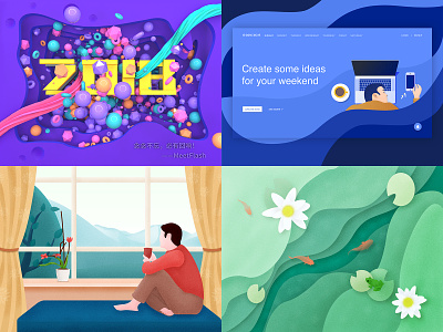 My Top4Shots on Dribbble from 2018 2018 c4d carefree dribbble fish flower freedom frog gradient illustration landscape lotus leaf new year sleepy tired water flow window