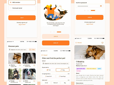 Pet Adoption App adoption app filter log in orange sign up