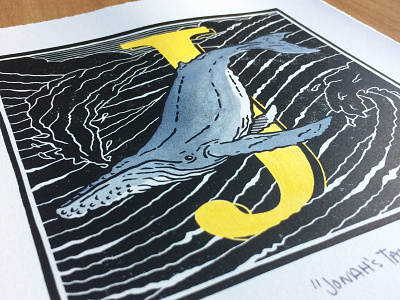 "Jonah's Tale", 2018. ampersand linocut printmaking relief print watercolour whale