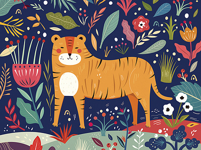 Illustration with cute Tiger animal character cute flower illustration nature print tiger vector