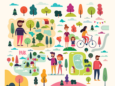 Vector set with icons. People on the walk active art autumn background bicycle bike character children colorful family man nature outdoor park people people icons peoples poster tree woman