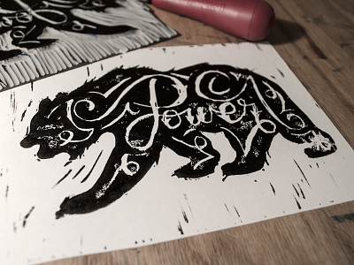 Power Bear Print animal bear block printing hand lettering illustration print