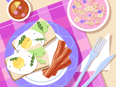 Perfect breakfast adobe illustrator art avocado bacon branding breakfast bright cereal colorful delicious design food graphic design illu illustration tasty tea top view vector