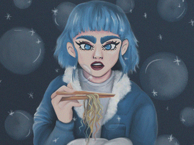 Noodles for the soul blue blue hair bubbles food foodie ilustradora ramen