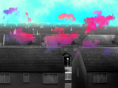Requiem for a Dream accomodation blackandwhite blue cloud collage design designer dream dreamy home houses housing illustration mood photoshop pink turquoise visual visual art visual style