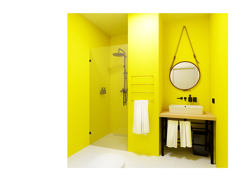 Bathroom Motel AM – render neat clean morning fresh mirror dark background steel dark brown yellow room render motel one motel am leather hotel architecture design bathroom architecture 3d