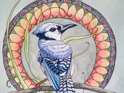 Blue Jay Mucha alphonse mucha inspired bird illustration design illustration nature lover traditional art